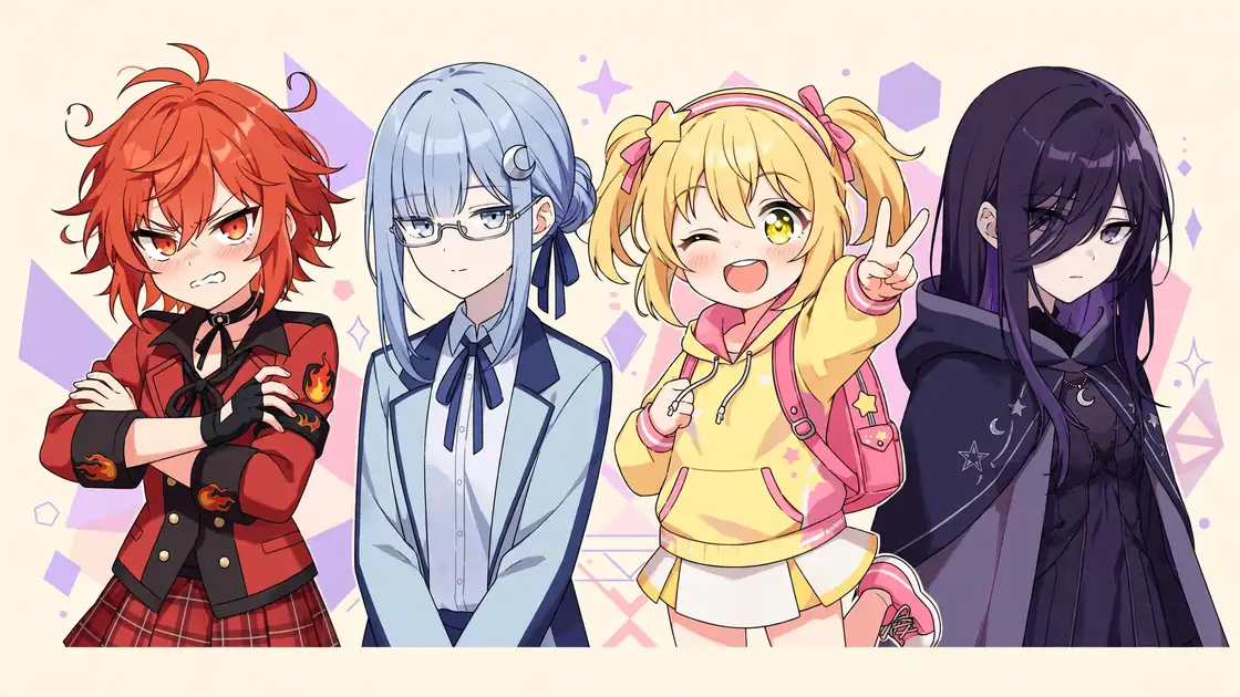 Anime archetype quiz illustration with four original anime characters showing dere archetypes