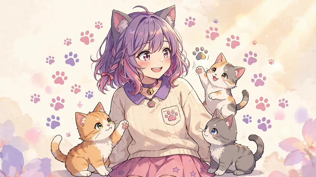 Anime cat characters illustration with nekomimi catgirl on cream background