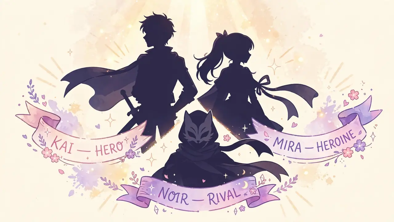 Anime character name generator art with original anime character silhouettes on cream