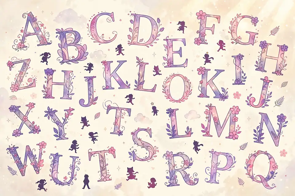 Anime characters A to Z directory illustration with alphabet letters on cream background