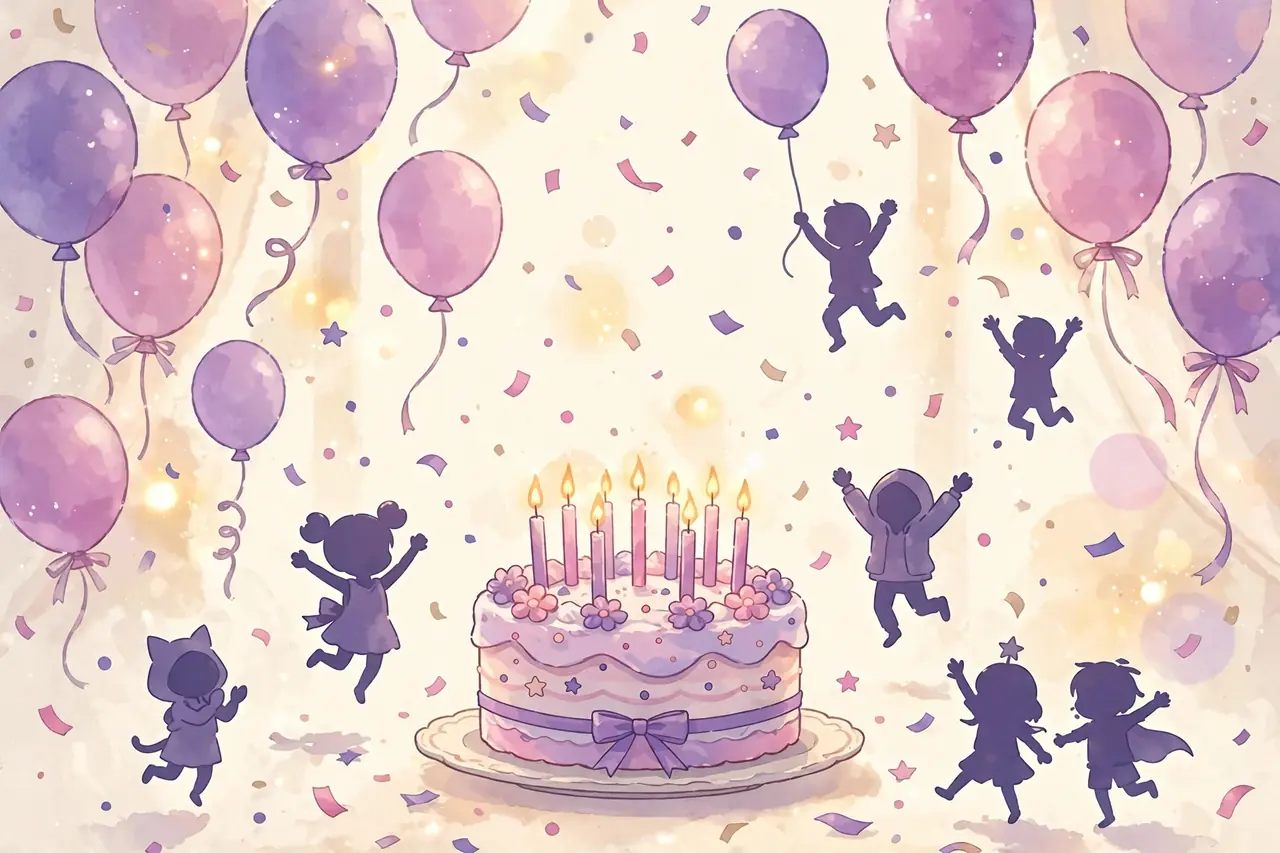 Anime characters birthday celebration illustration with balloons on cream background