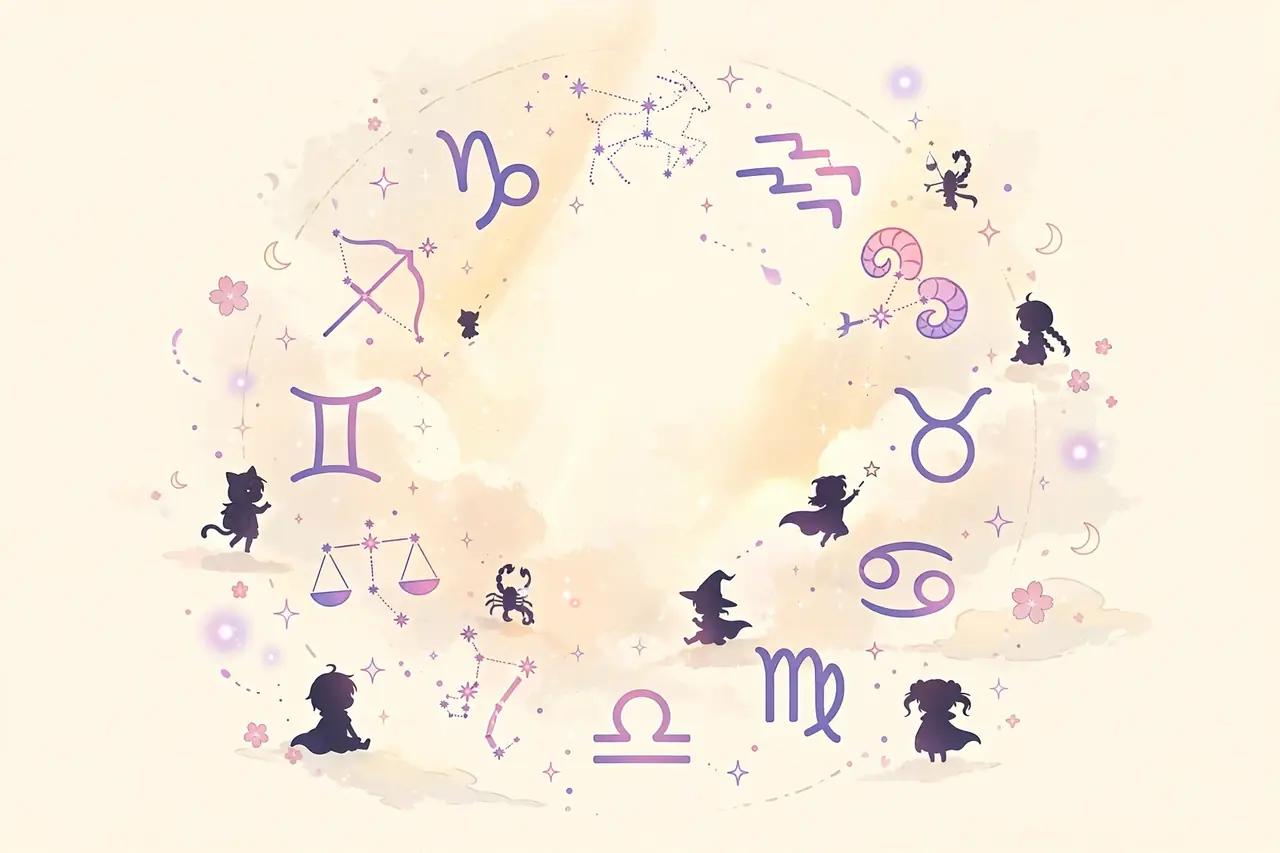 Anime characters zodiac signs illustration with constellations on a soft cream background