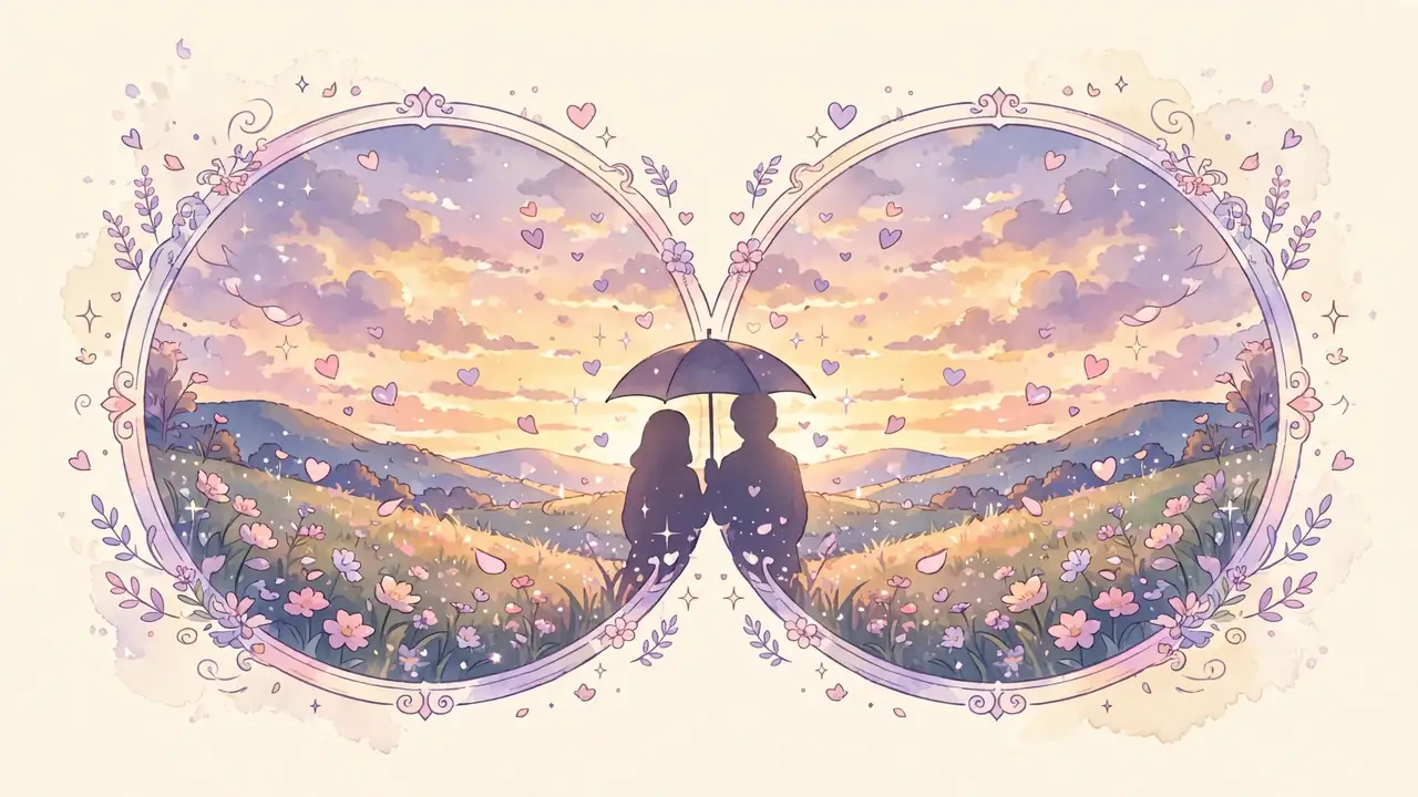 Anime couple PFP ideas illustration of two matching circular avatars forming one scene on cream background