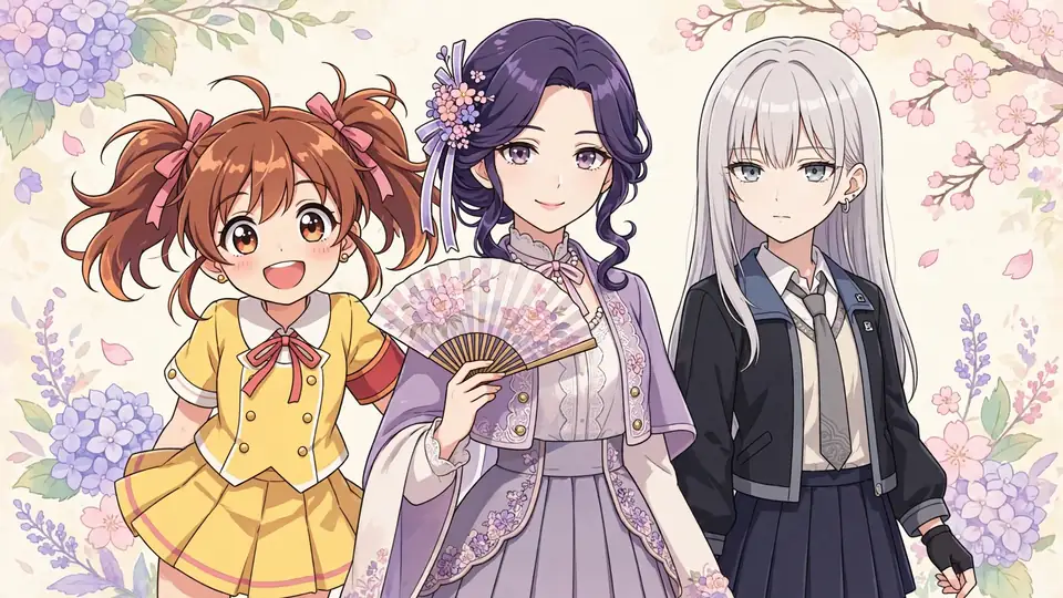 Anime girl personality quiz illustration with original anime girl archetypes on a soft cream background
