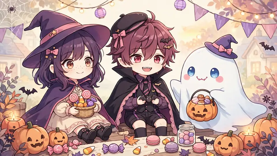 Anime Halloween characters costume illustration with pumpkins on cream background