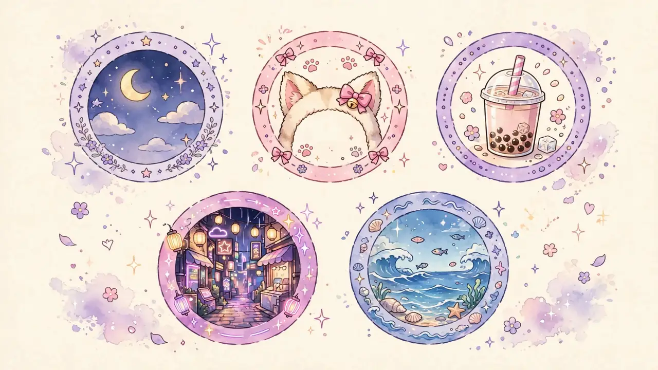 Anime PFP ideas hub illustration showing circular avatar concepts on cream background