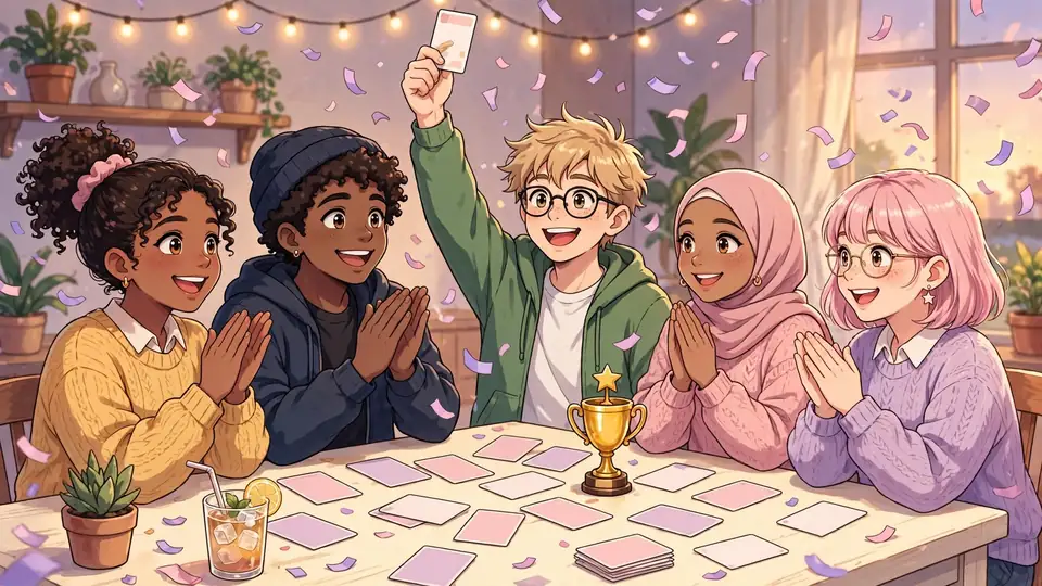 Anime quiz for friends illustration with original anime friends celebrating a quiz night win