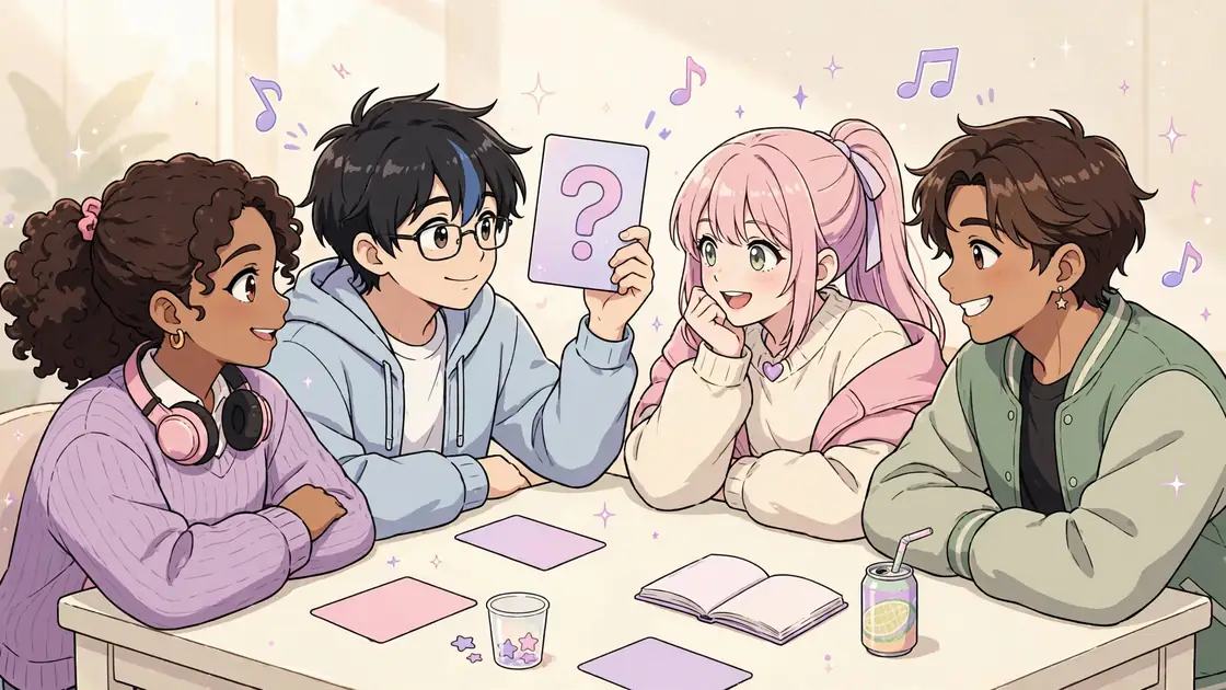 Original anime-style illustration of friends playing an anime quiz together at a bright cream-colored table