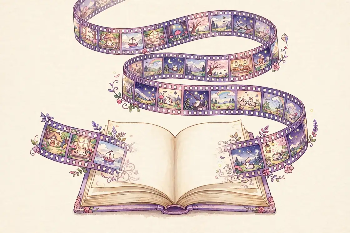 Illustration for an anime watch order hub showing storybook pages turning into a film strip in purple and pink on cream
