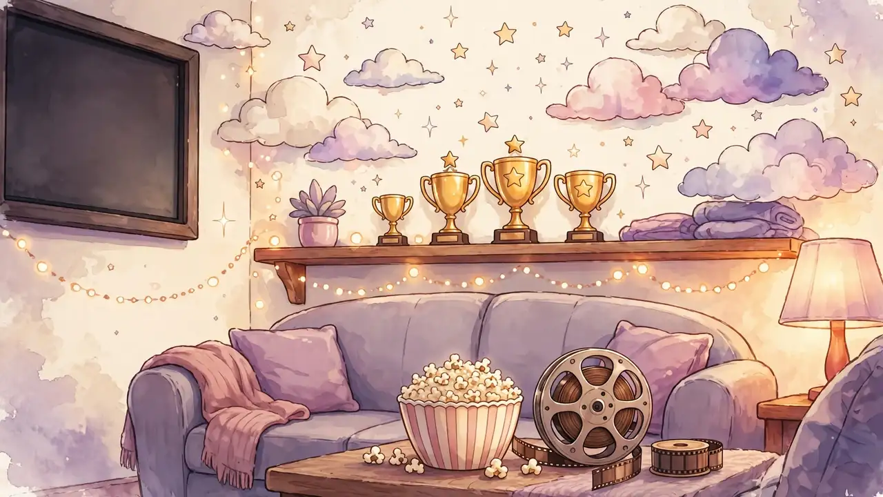 Best Studio Ghibli movies ranked list illustration of a cozy home theater on cream background