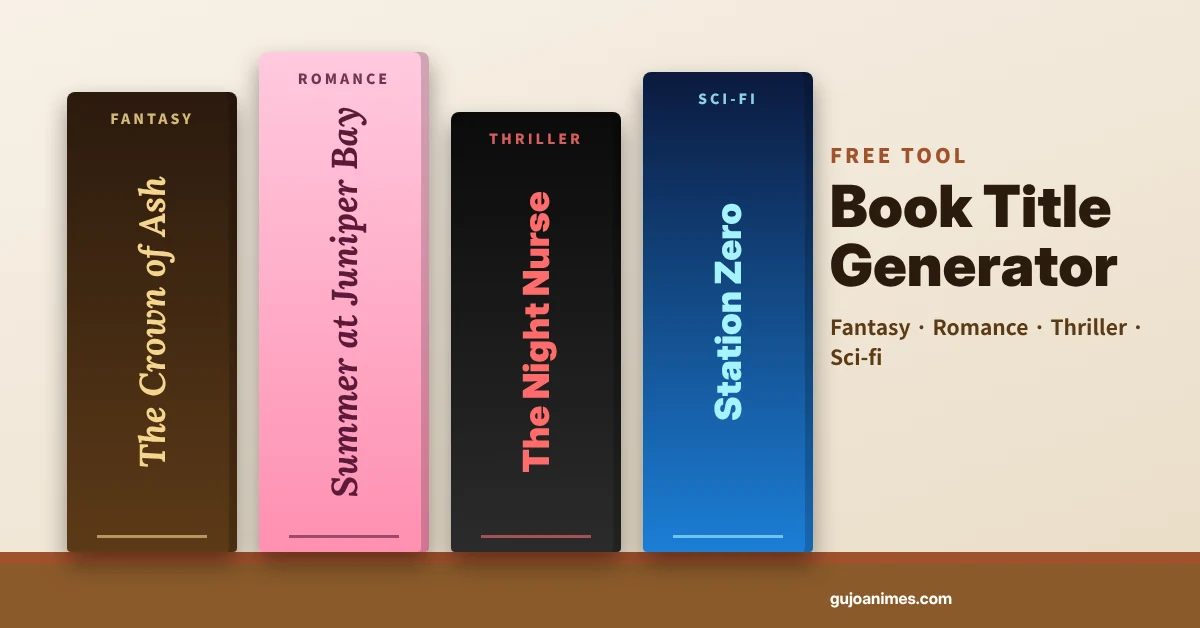 Book title generator showing titles for fantasy, romance, thriller and sci-fi