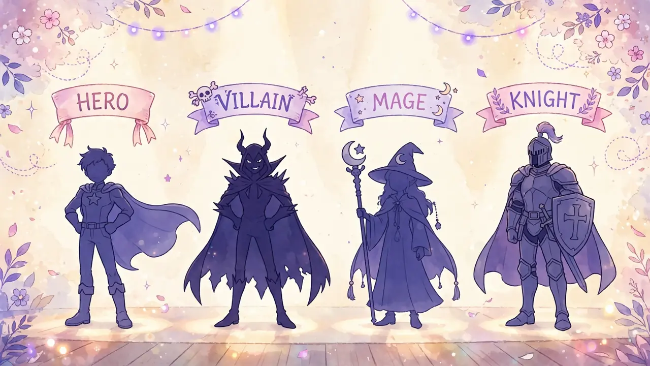 Original anime character lineup illustration for the character name generator with floating name banners