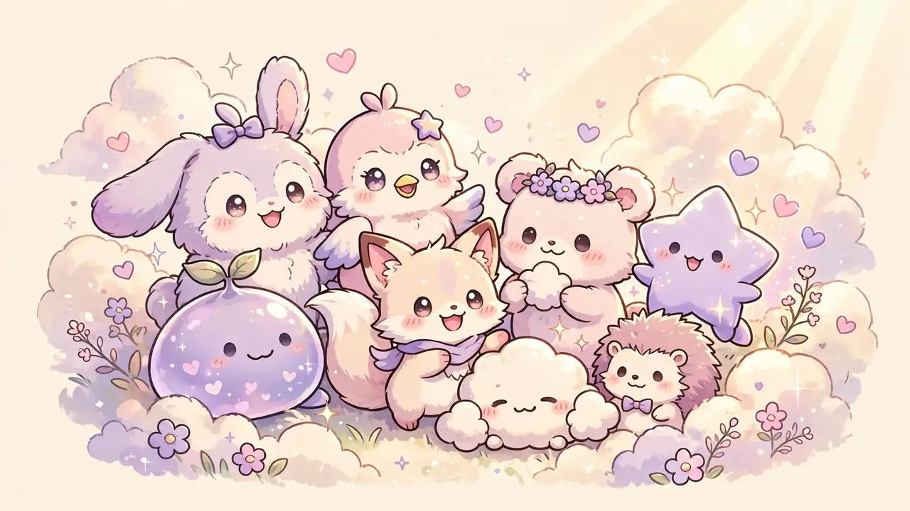 Cute anime characters illustration with original chibi mascots on a soft cream background