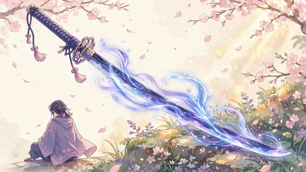 Original anime-style glowing katana with elemental wisps for the demon slayer breathing style name generator