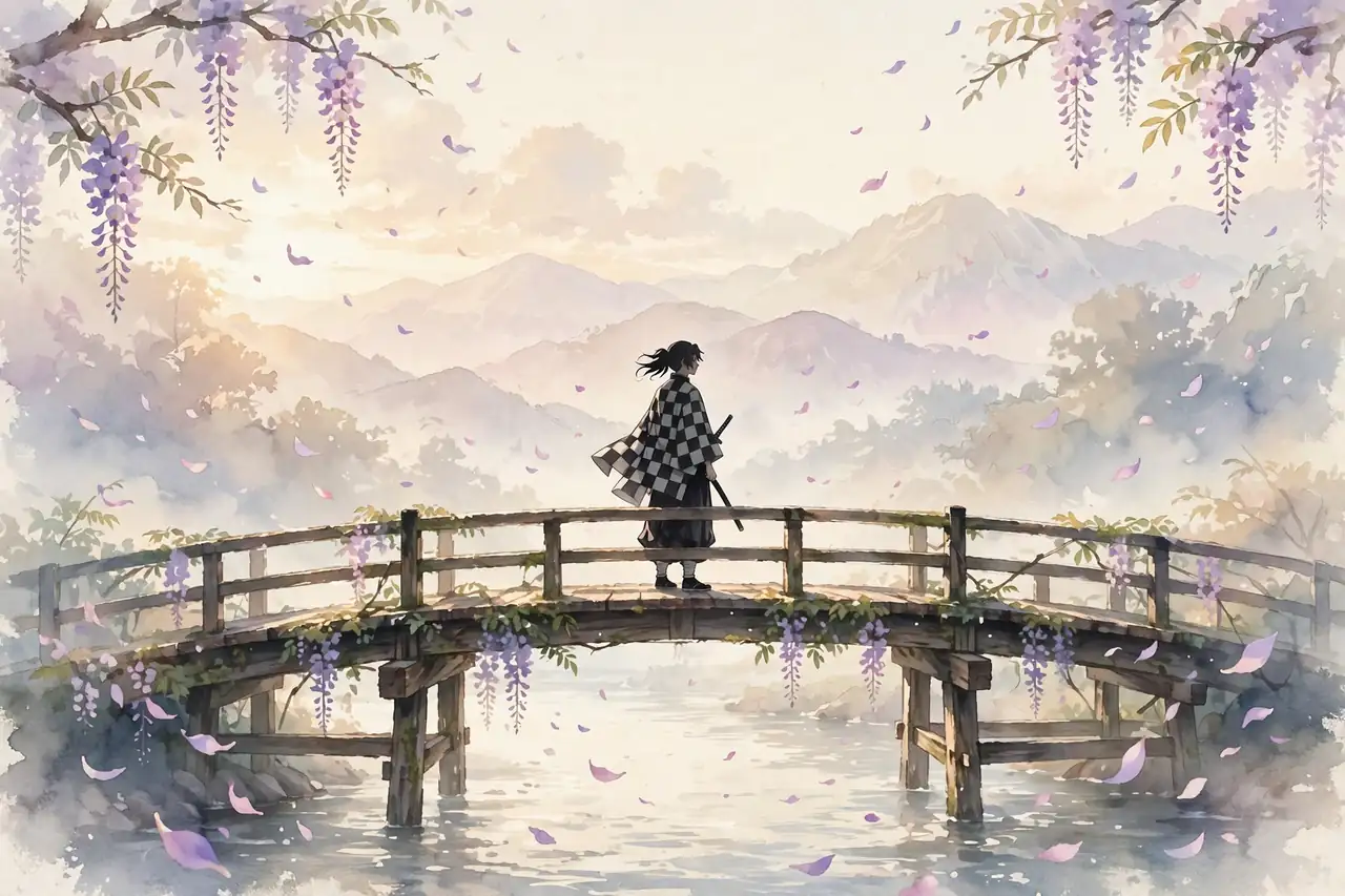 Demon Slayer last name generator: original bright anime illustration of a swordsman among wisteria petals