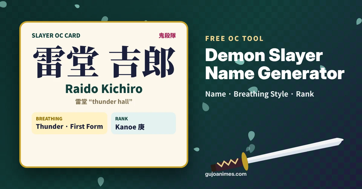 Demon Slayer name generator OC card with name, breathing style and rank
