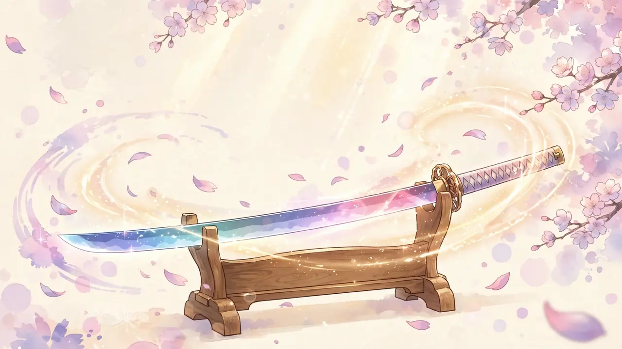 Glowing katana illustration for the demon slayer sword name generator with colorful blade