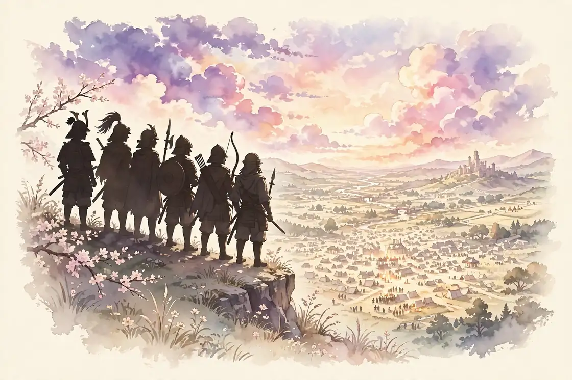 drifters anime watch order guide illustration of warriors overlooking a battlefield on cream
