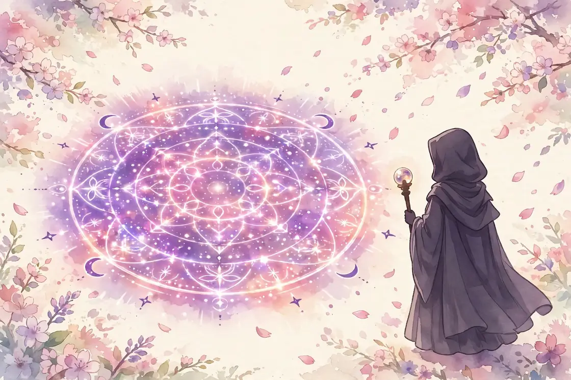 Original illustration for a fate anime watch order guide showing a mage summoning circle in purple and pink on cream