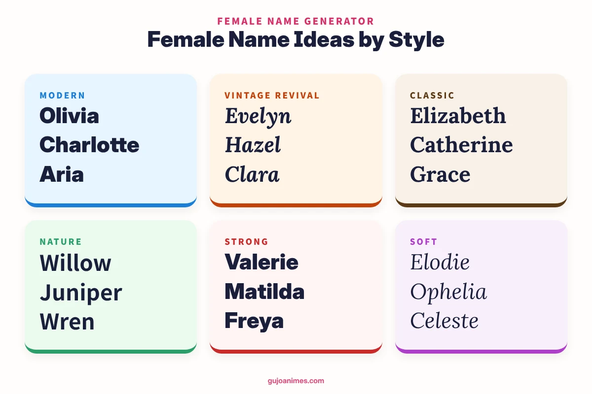 Female name ideas by style: modern, vintage, classic, nature, strong, soft
