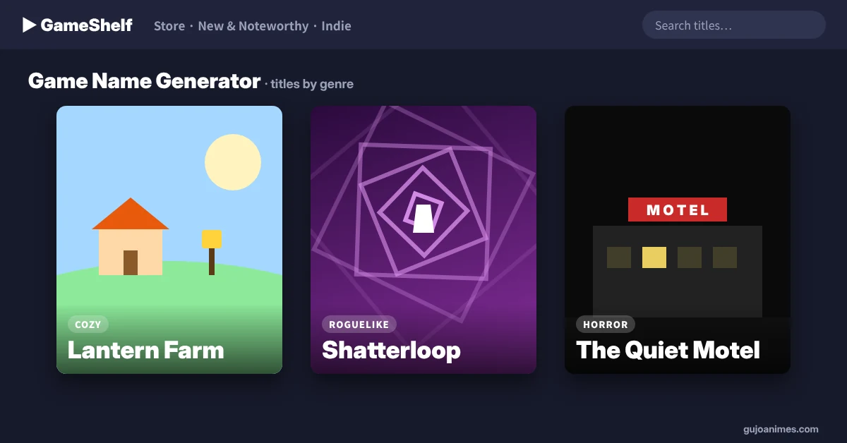 Game name generator showing video game title ideas by genre