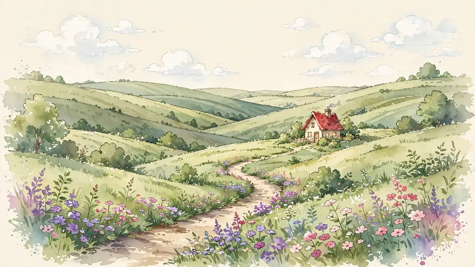 Ghibli prompt builder: original bright watercolor-style countryside landscape with cottage and clouds
