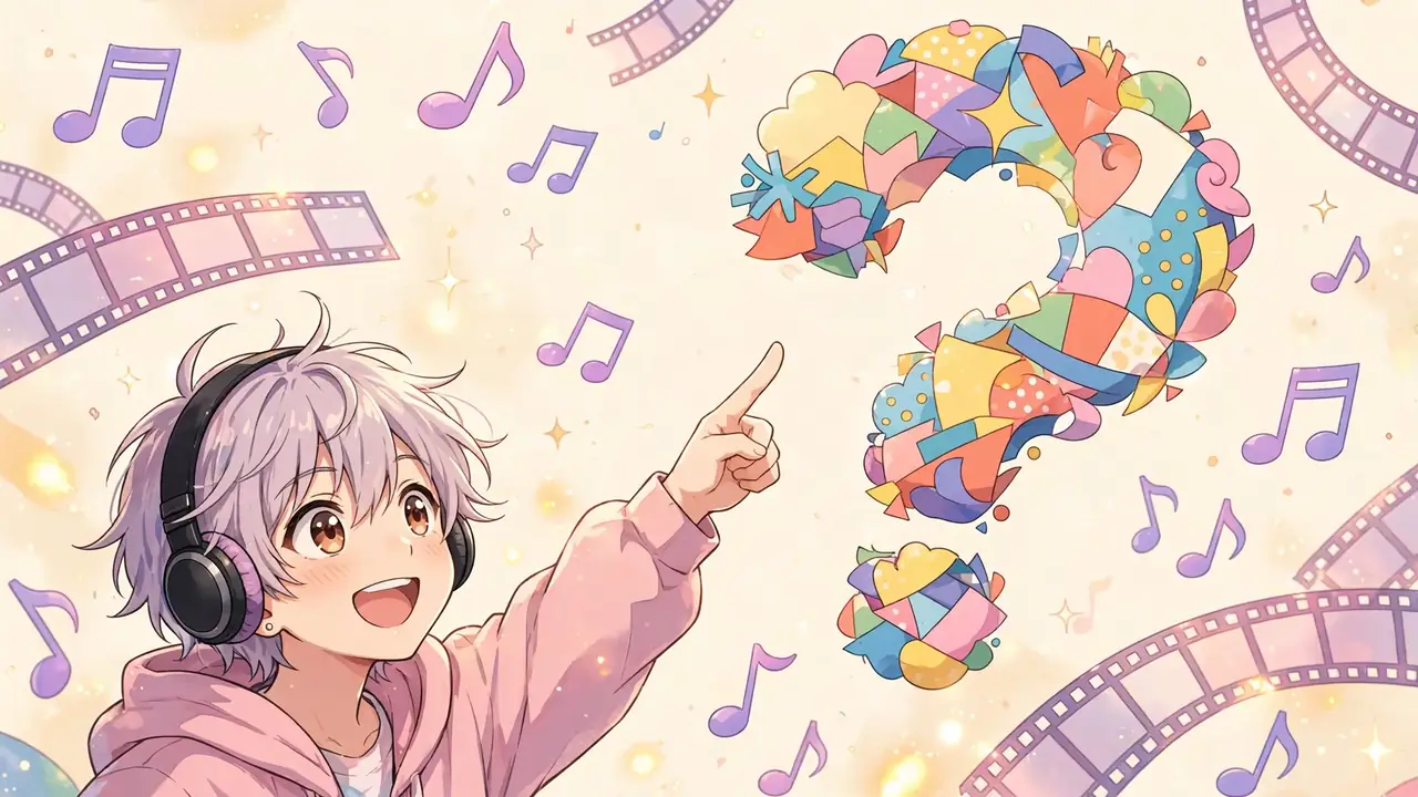 Guess the anime quiz illustration with an original anime fan and a giant question mark
