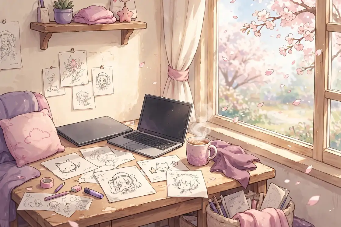 Original anime-style illustration of a cozy daytime fan workspace with laptop and sketches in warm cream tones