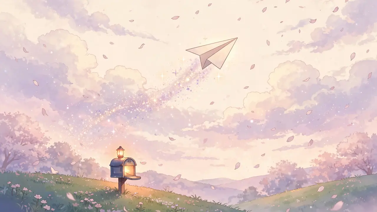 Original anime-style illustration of a paper plane flying through a bright pastel sky