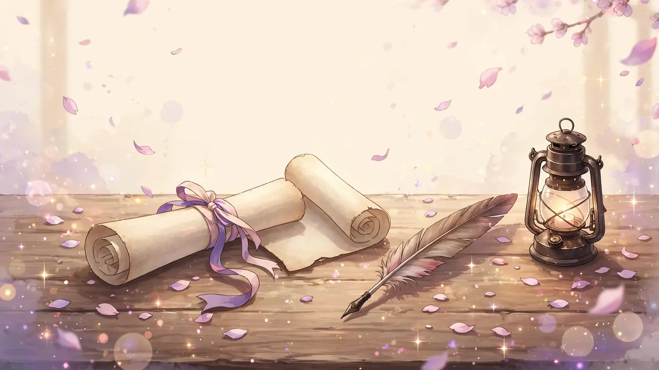 Original anime-style illustration of a scroll, quill, and lantern on a desk in warm light