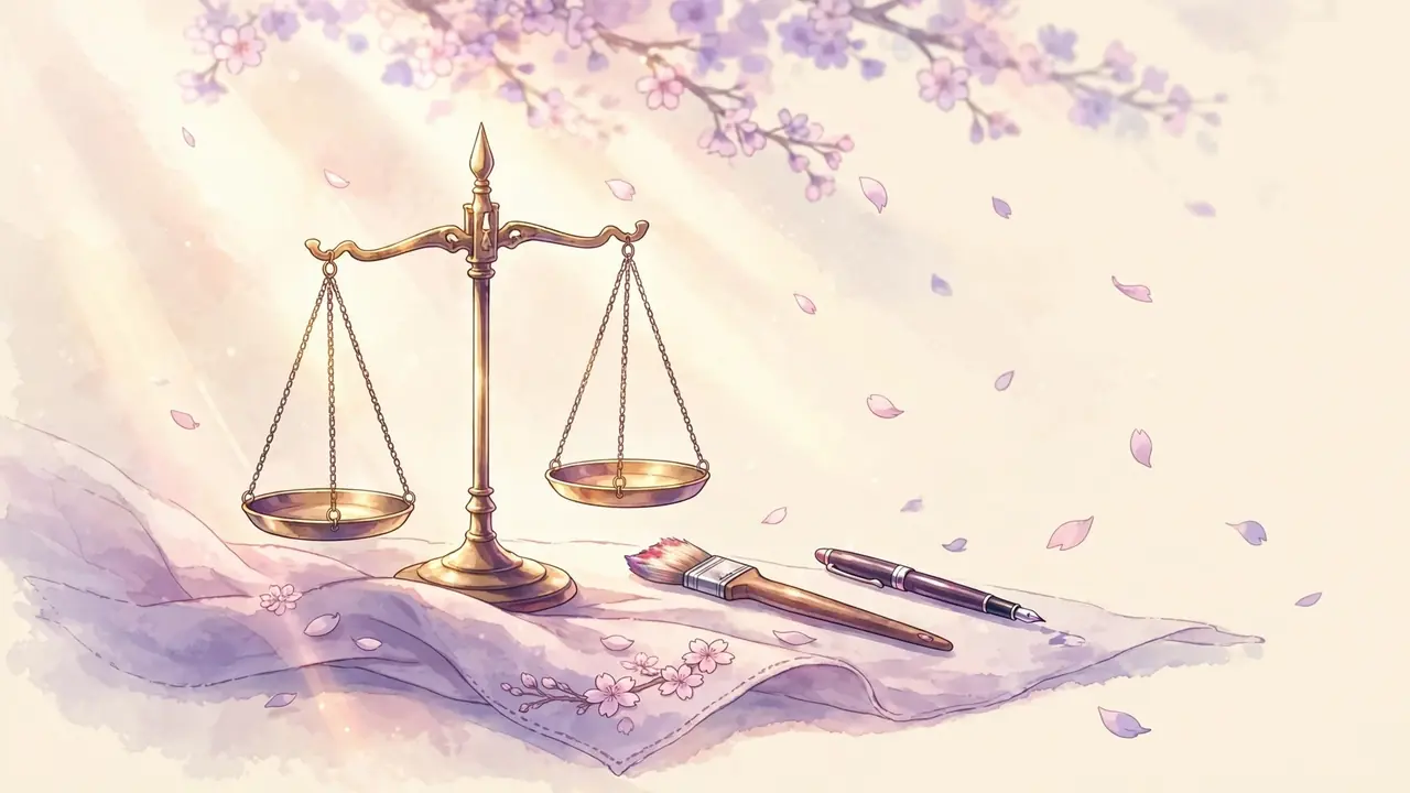 Original anime-style illustration of balanced scales with an artist's brush and pen in soft light