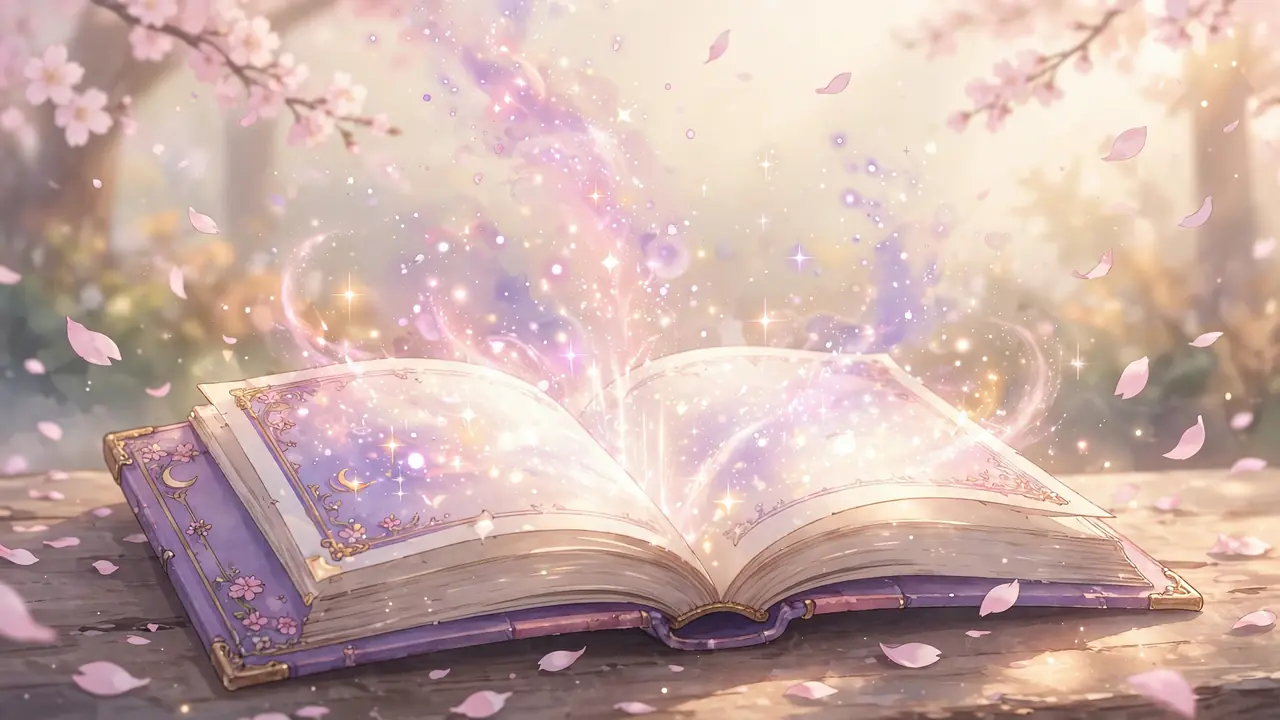 Original anime-style illustration of a glowing spellbook with rising letters and sparkles on a soft cream background