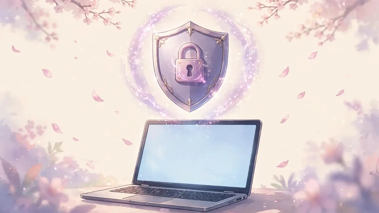 Original anime-style illustration of a shield with a lock above a laptop on a soft cream background