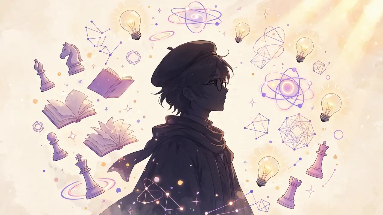 Intelligent anime characters illustration with chess and books on cream background