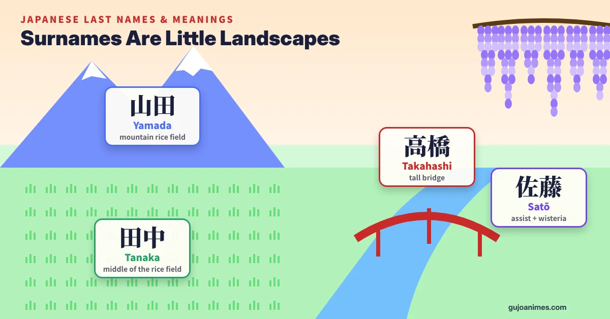 Japanese last names and meanings shown as landscape kanji