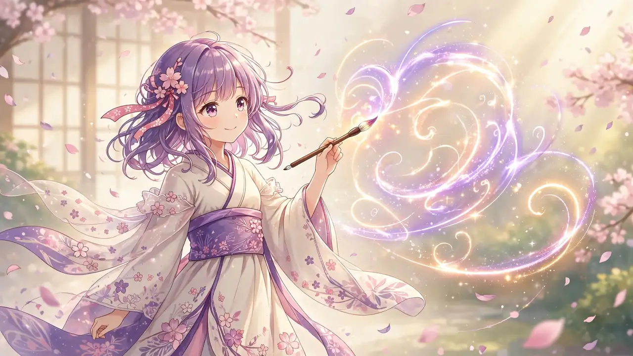 Japanese name generator art with an original anime-style girl painting glowing characters on cream