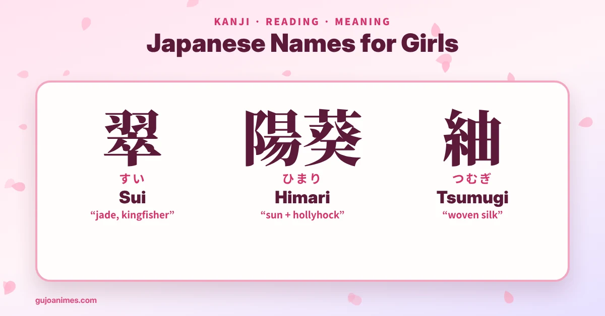 Japanese names for girls with kanji and meanings, including Sui and Himari