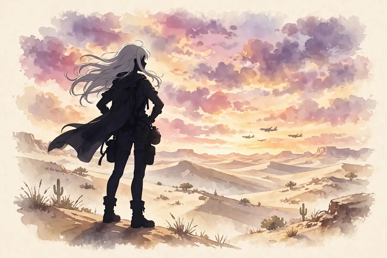 jormungand anime watch order guide illustration of a traveler in a desert sunset on cream
