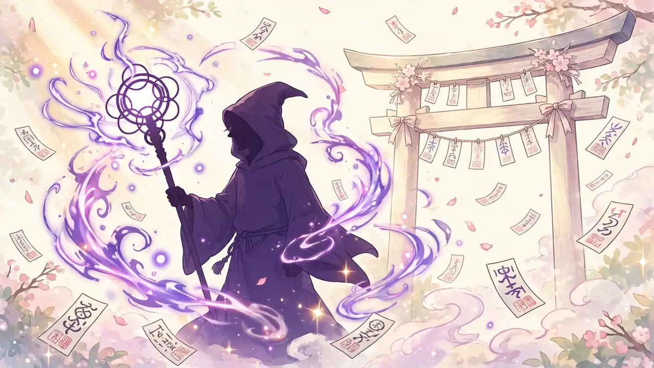Jujutsu Kaisen name generator art with an original anime sorcerer on a cream background