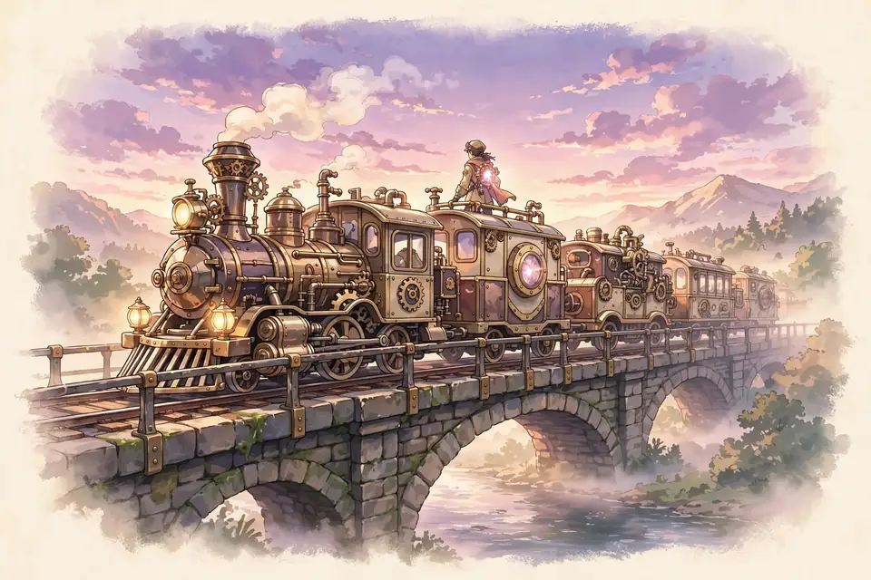 kabaneri anime watch order guide illustration of a steampunk armored train on cream