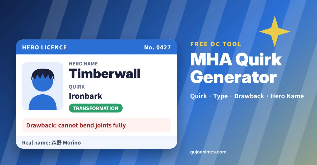 MHA quirk generator hero card with quirk type, drawback and hero name