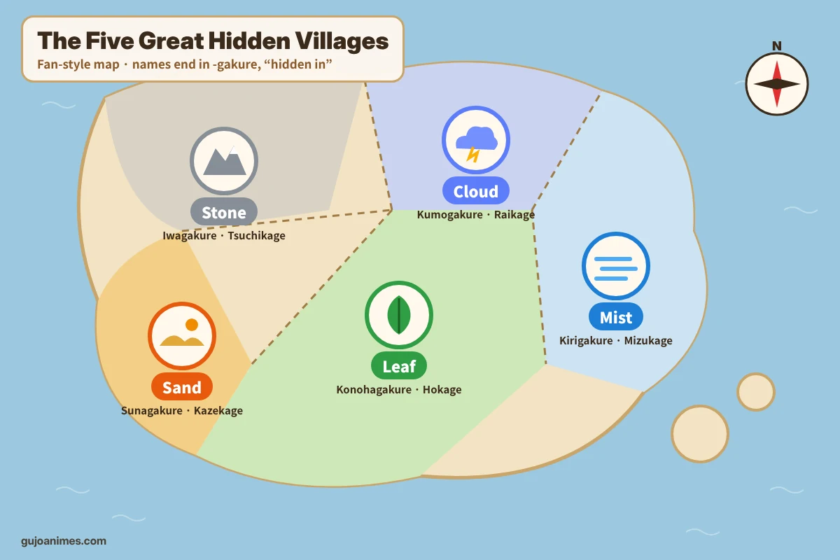 Naruto five great hidden villages map style graphic
