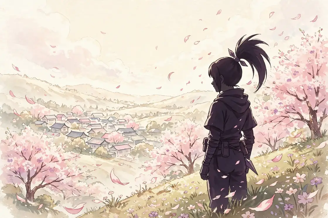 Naruto girl name generator: original bright anime illustration of a kunoichi silhouette among cherry blossoms