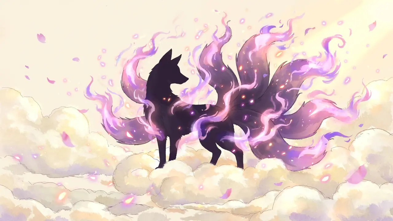 Naruto tailed beast name generator: original bright anime illustration of a nine-tailed fox spirit in chakra flames