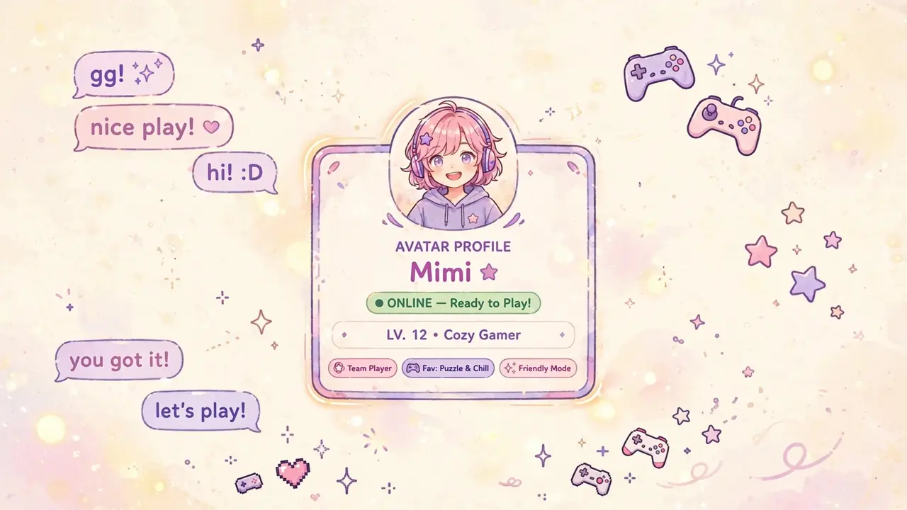 Anime-style avatar profile card illustration for the nickname generator with playful chat bubbles