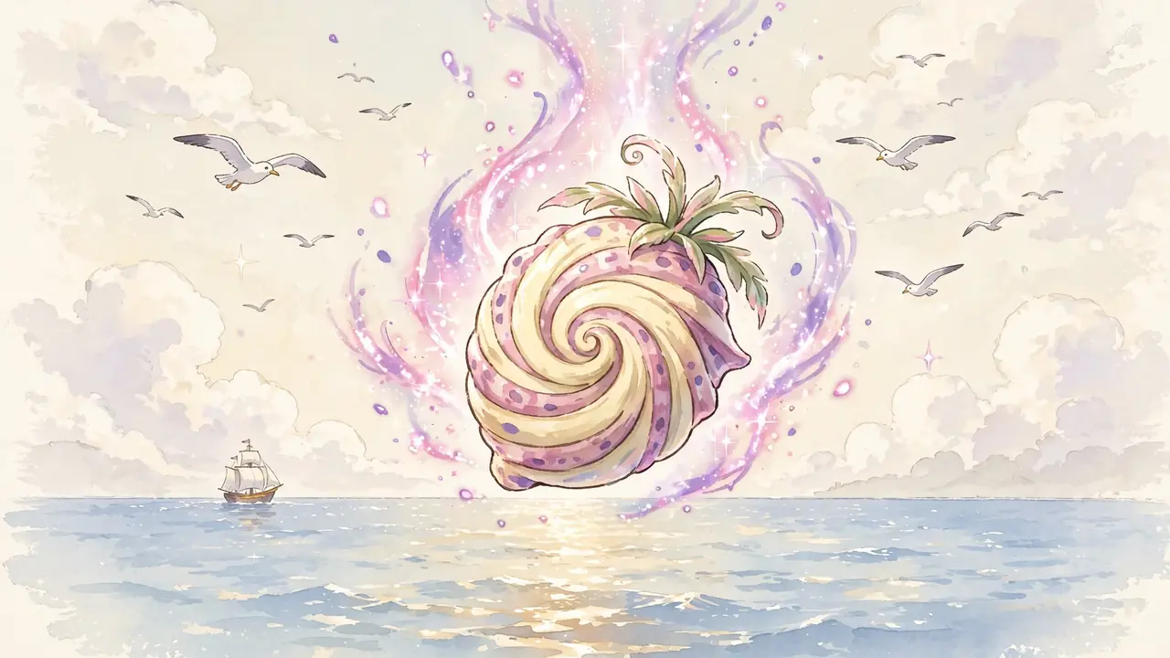 One Piece devil fruit generator: original bright anime illustration of a mystical swirled fruit over the ocean