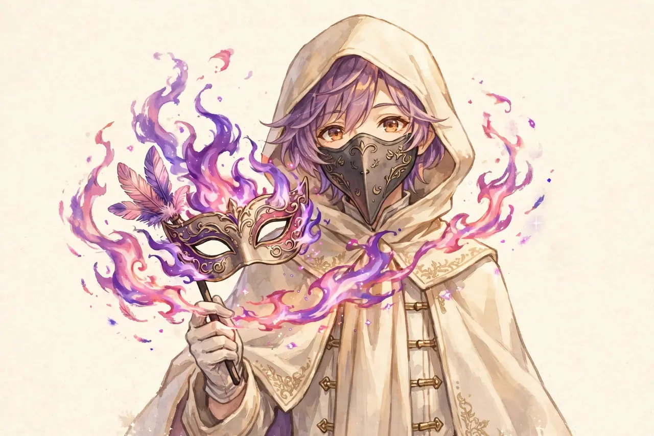 persona anime watch order guide illustration of a masked figure with violet flames on cream