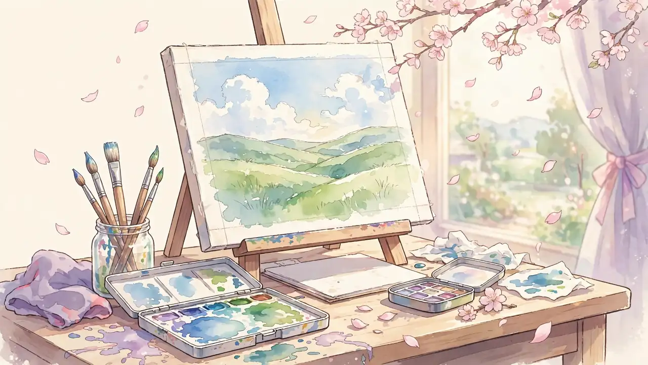 Studio Ghibli art style illustration of a watercolor painter's desk with a landscape painting on cream background