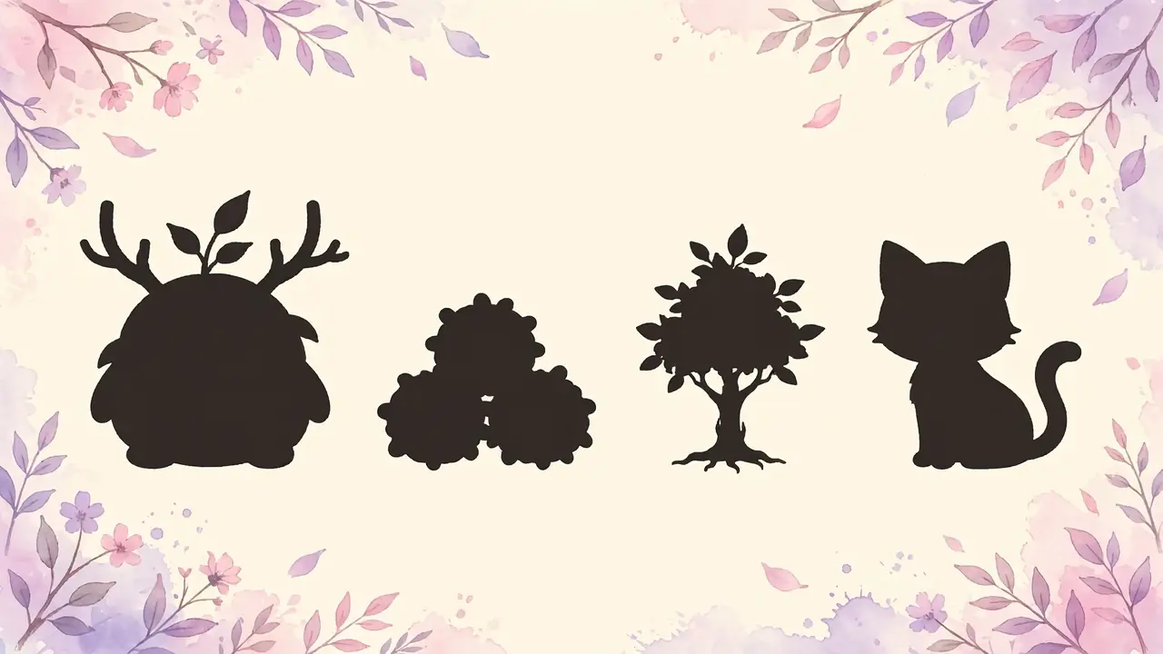 Studio Ghibli characters inspired illustration of cute original forest spirits and creatures on cream background