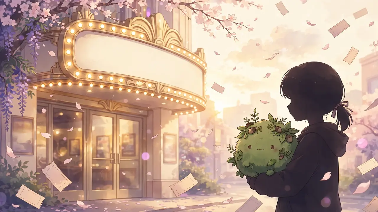 Studio Ghibli Fest 2026 guide illustration of a cozy theater marquee with floating tickets on a cream background